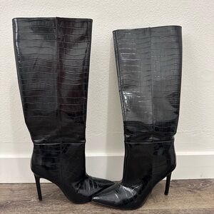 Black Croc-Embossed Knee-High Boots